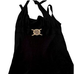 Kenar large black knit top sleeveless tank with halter straps silver medallion